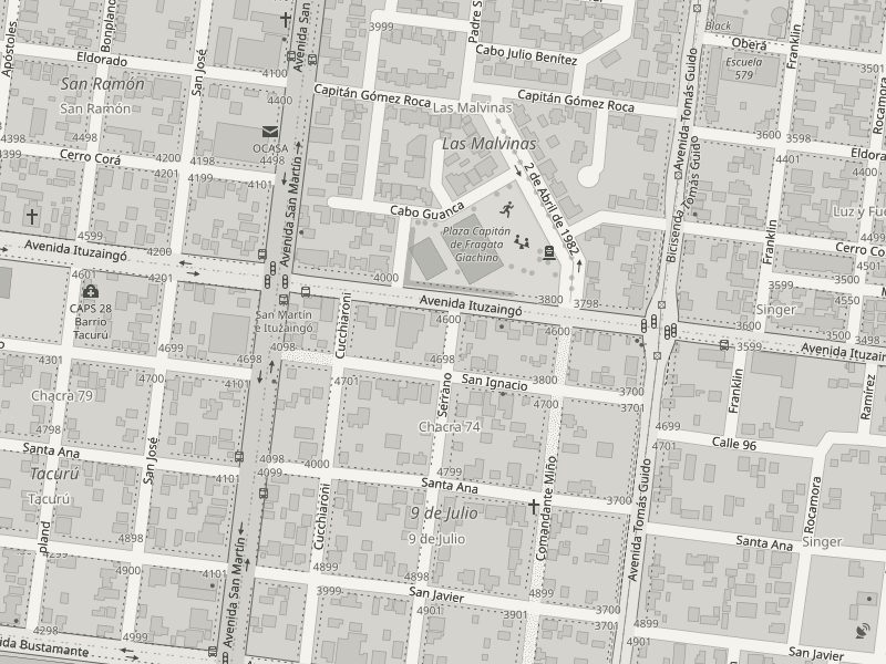 Mapa de la zona de Av. Ituzaingó y Av. San Martín, en Posadas